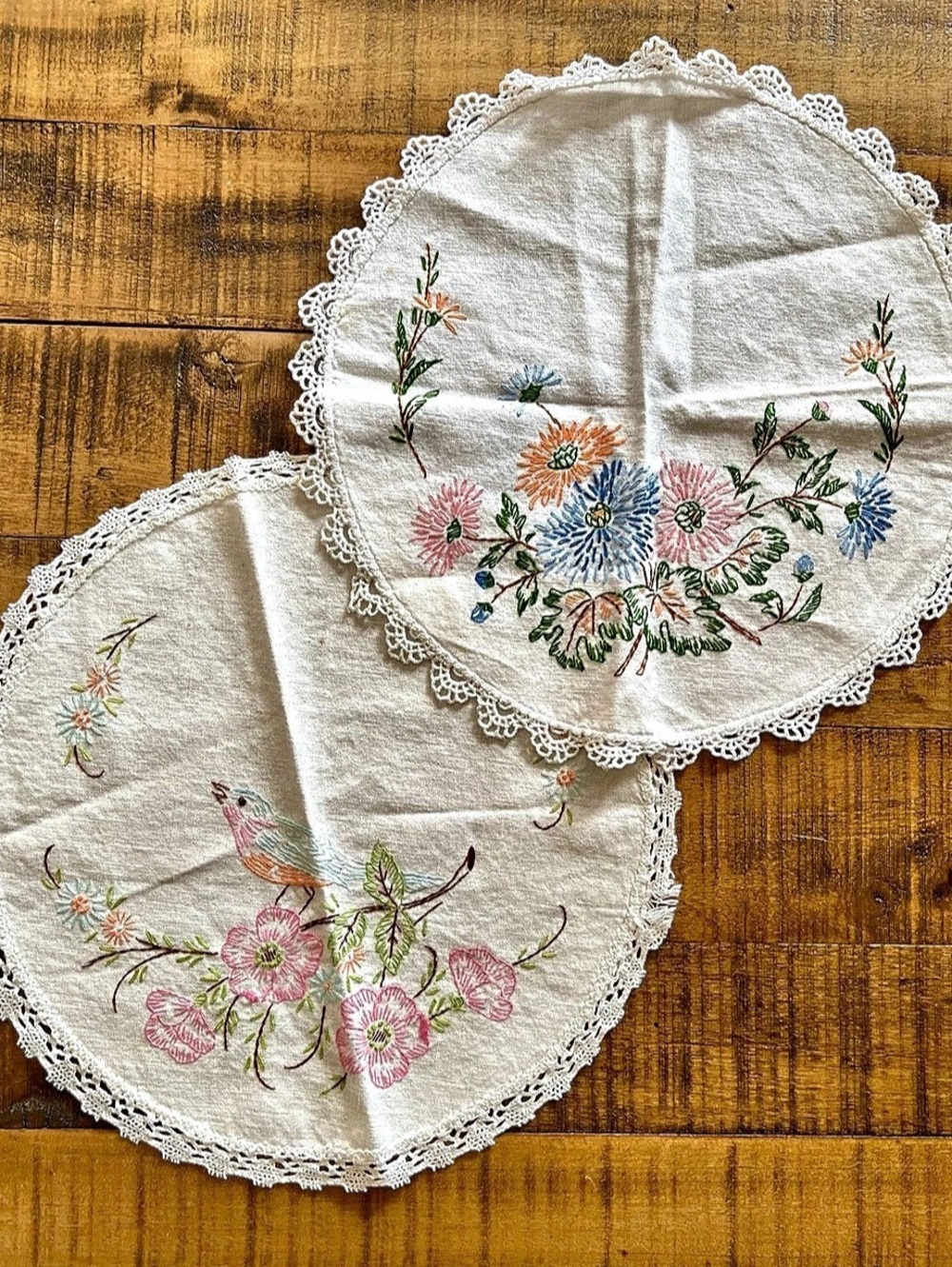 Vintage Embroidered Floral Bird Lace Linen Doilies (2) 11” Round Each
